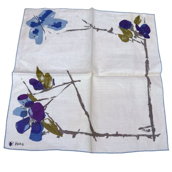Vintage Vera Napkin 16" Square Blue Floral Linen Style MCM Textiles - Picture 2 of 11